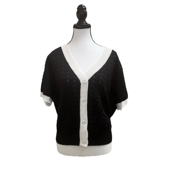 Grace Karin 2XL Black White Short Sleeve Cardigan Open Knit Sweater Preppy NWT - Picture 2 of 10